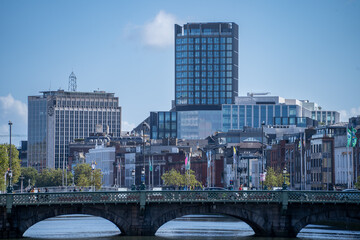 Modern city skyline with tall office building in Dublin, Ireland
