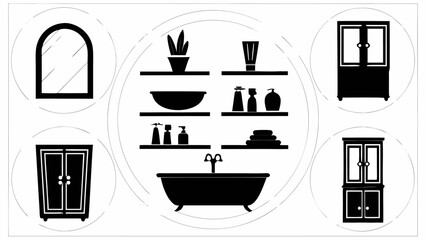 Bathroom interior elements including mirror shelves with accessories and cabinets in black and white style | editable eps vectors silhouette