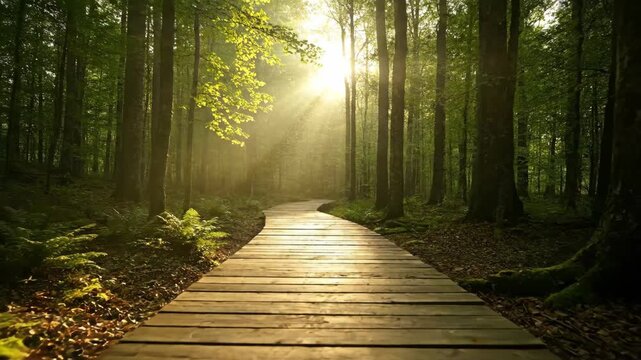 Sunlit Forest Path - A wooden pathway winds through a lush green forest, bathed in the golden light of the morning sun. Sunlight streams through the trees, creating a peaceful and serene atmosphere.
