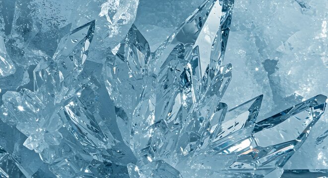 Close-up of translucent blue crystal formations with sharp facets and reflective surfaces