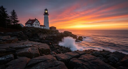 Fototapeta premium Dramatic Colorful Sunrise over Coastal Lighthouse with Ocean Wave Splashes