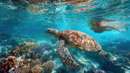 Fototapeta premium Snorkeler swims beside graceful sea turtle in pristine turquoise waters above vibrant coral reef, capturing a moment of ocean wildlife harmony, underwater adventure and marine biodiversity connection.