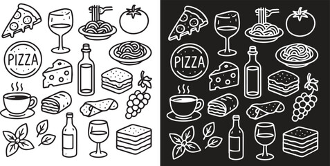  Set of italian food and drinks doodle hand drawn  black vector