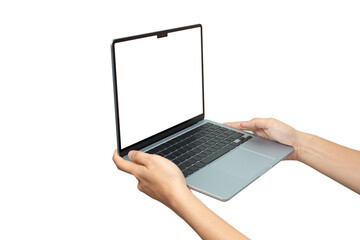 A person's hands are holding a modern laptop with a blank white screen, The image is isolated on a pure white background, making it perfect for adding custom graphics, text, or screenshots to the scre