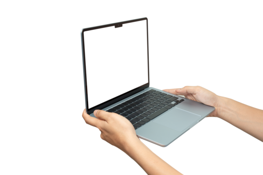 A person's hands are holding a modern laptop with a blank white screen, The image is isolated on a pure white background, making it perfect for adding custom graphics, text, or screenshots to the scre
