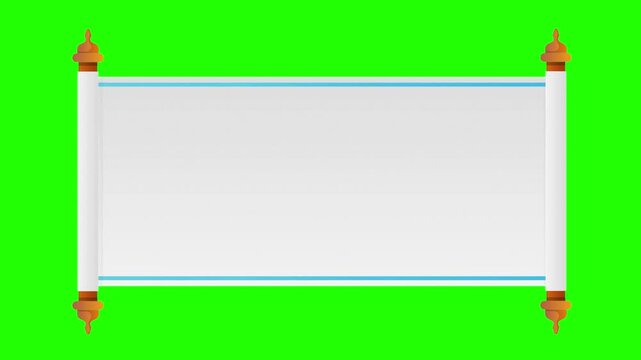 A 3D animated blank scroll with a wooden holder unrolling and rolling up on a green screen. Perfect for presentations, titles and reveals.
