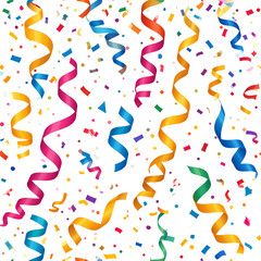 Colorful confetti and streamers on black background