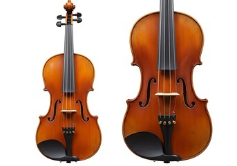 Fototapeta premium Two violins, one shown in full and the other cropped, are displayed against a white background, highlighting their wooden bodies and black fittings.