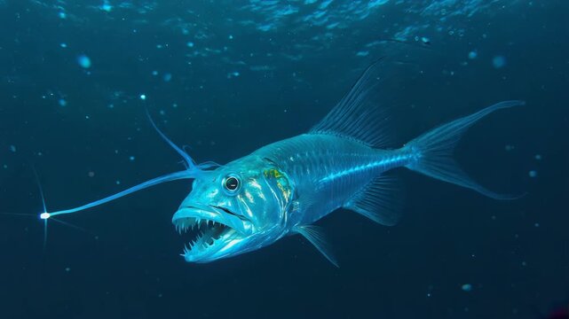 A blue marlin is captured in the deep ocean, its formidable presence highlighted by the darkness and deep water around it. This showcases a unique marine life moment.