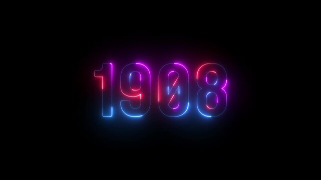 1908 neon line text. Abstract 1908 neon text animation ,For neon color Glowing neon number text background. 1908 title metal text on glowing text animation black background. glow old years animations