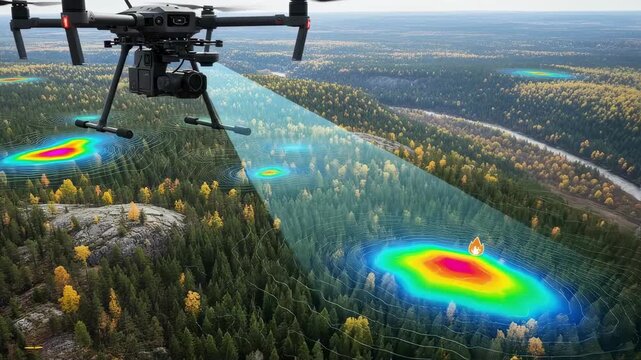 Medium shot capturing a drones downward view as it maps varied terrain with advanced sensors to track forest changes and identify potential wildfire risks