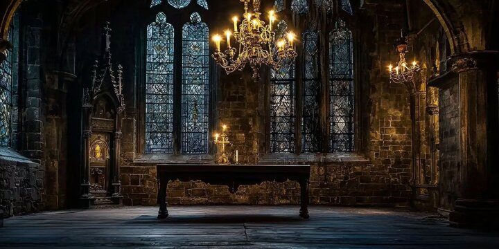 Experience the haunting atmosphere of a historical castle interior.