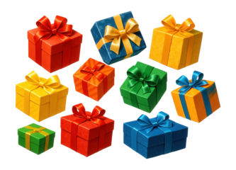 Colorful gift boxes on a white background.