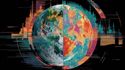 quadrants. Fractured globe with mismatched seasonal quadrants spinning chaotically amid erratic satellite data. ESG reports, sustainability campaigns, designed for environmental awareness campaigns.