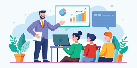 Business presentation scene with chart and corporate team vector illustration Contemporary flat style  of a man in a business suit presenting a presentation scene with chart  & growing graph