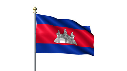 Waving Cambodia national flag on flagpole with transparent background