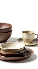 Rustic stoneware tableware: bowls, plates, and a cup with saucer.