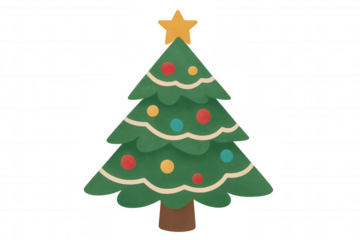 Christmas tree illustration with star topper and colorful ornaments, festive holiday decoration on transparent background