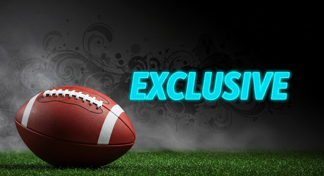 American football with neon exclusive text on grass, sports promotion and marketing concept