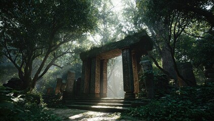 Sunlit ruins in a lush forest