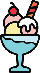 Ice Cream Sundae Cartoon Illustration with Cherry, Sauce, and Wafer Stick Vector Illustration