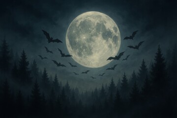 Fototapeta premium Dark misty forest under a glowing full moon with bats flying across the night sky, perfect for Halloween themes and spooky designs.