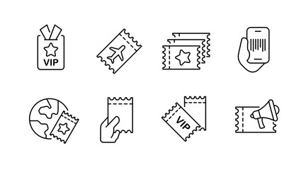 Ticket and booking outline icons set - linear, line, event symbols