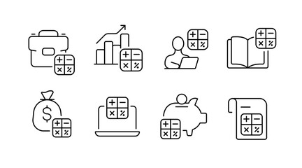 Finance and accounting line icons set – calculations, money, business symbols