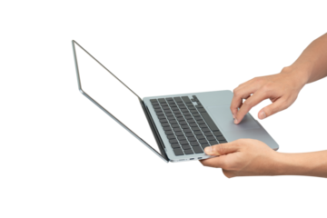 A person's hands are holding a modern laptop with a blank white screen, while one hand uses the trackpad. The image is isolated on a pure white background, making it perfect for adding custom graphics