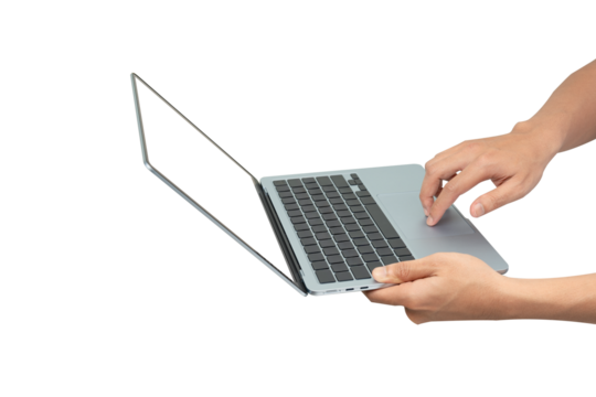 A person's hands are holding a modern laptop with a blank white screen, while one hand uses the trackpad. The image is isolated on a pure white background, making it perfect for adding custom graphics