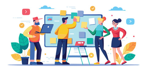 Creative brainstorming meeting with sticky notes on board vector illustration