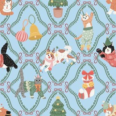 Obraz premium Christmas Cats Seamless Pattern with Vintage Frames, Holiday Ornaments, Trees, Bells, and Festive Elements Digital Paper