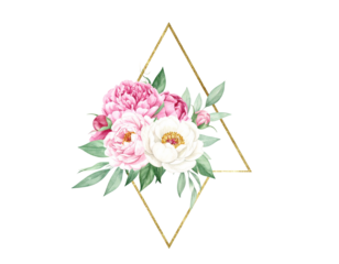Delicate floral bouquet in a gold geometric frame.  Pink and white peonies,  green leaves,  outlined by a gold diamond shape