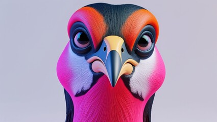 Colorful bird head portrait with vibrant feathers and expressive eyes on neutral background