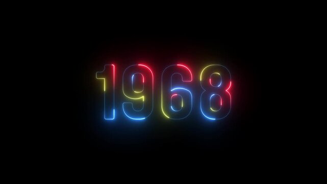 1968 neon line text. Abstract 1968 neon text animation ,For neon color Glowing neon number text background. 1968 title metal text on glowing text animation black background. glow old years animations