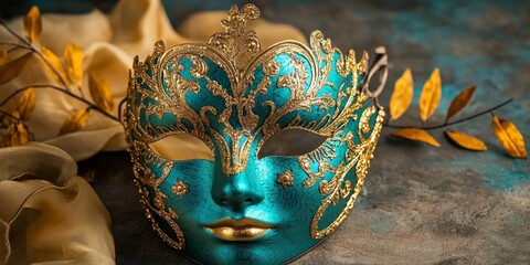 Obraz premium Graceful venetian mask featuring a striking gold and blue design.