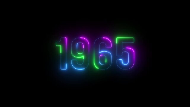 1965 neon line text. Abstract 1965 neon text animation ,For neon color Glowing neon number text background. 1965 title metal text on glowing text animation black background. glow old years animations