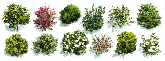 Top view of various bushes, shrubs, and flowers in landscape design on a white background, flat lay.