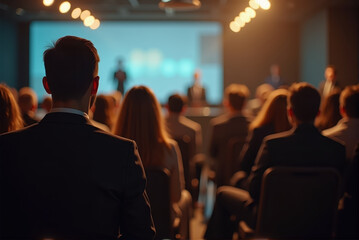 Seminar audience from behind, focused male silhouette, stage with bright lights, professional business event, teamwork, learning atmosphere, horizontal, cooperation, dark background.