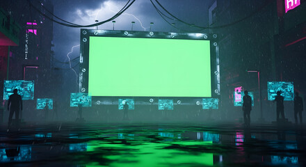 A futuristic cityscape with a large green screen billboard, surrounded by smaller screens and silhouetted figures in a rainy, neon-lit environment.