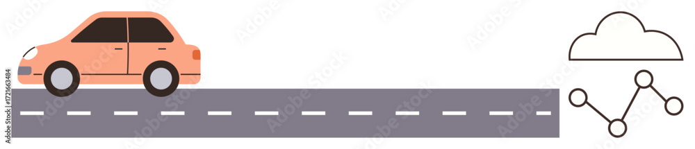 Poster orange car on a road with dashed lines, cloud symbol, and connected nodes representing networking. i