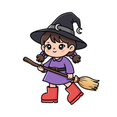 Adorable cartoon witch girl with a pointy hat and broomstick, perfect for Halloween festivities and magical illustrations