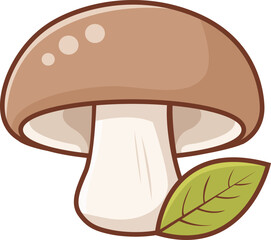 Cartoon illustration of a brown mushroom with a white stem and a green leaf at its base.