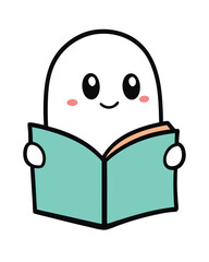 Cute cartoon ghost character reading a book