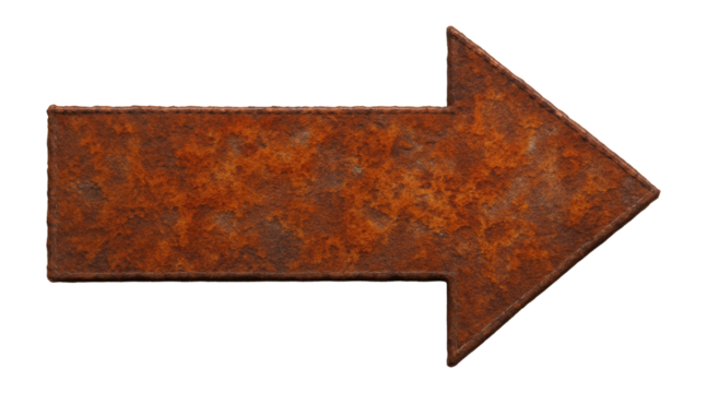 Rusty metal arrow sign pointing right.