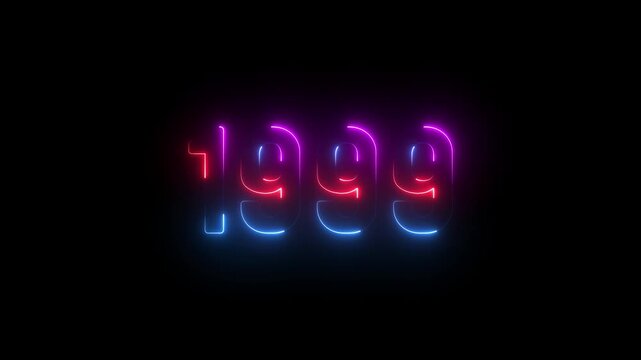1999 neon line text. Abstract 1999 neon text animation ,For neon color Glowing neon number text background. 1999 title metal text on glowing text animation black background. glow old years animations
