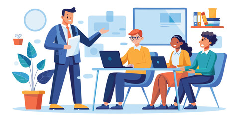 Business coaching session with mentor guiding team illustration