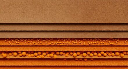 Layered orange and brown textured surface with spherical beads arranged in horizontal rows