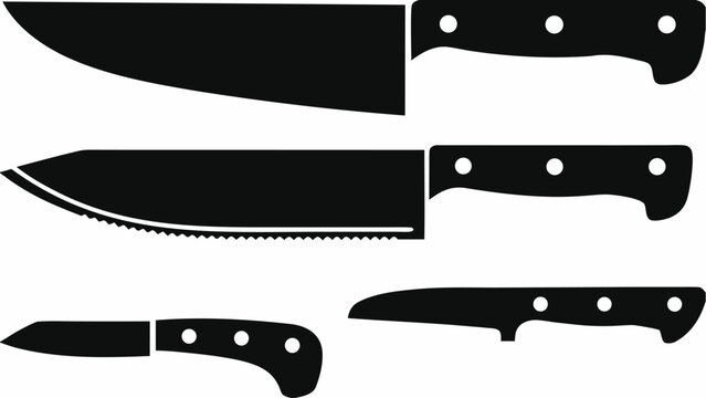 Three different types of black kitchen knives with handles and sharp blades on a white background are shown | editable eps vectors silhouette