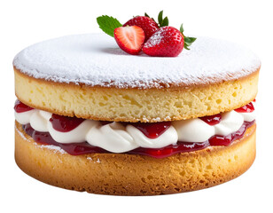 Victoria Sponge Cake with Powdered Sugar Dusting, Cream, and Strawberry Jam, Isolated PNG